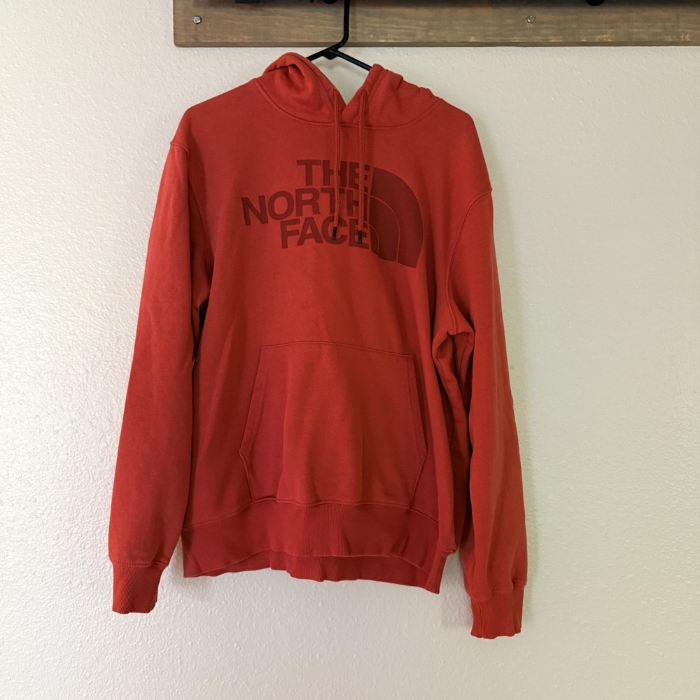 The North Face Hoodie Mens L salmon Pullover Big Graphic Logo Fleece Sweatshirt